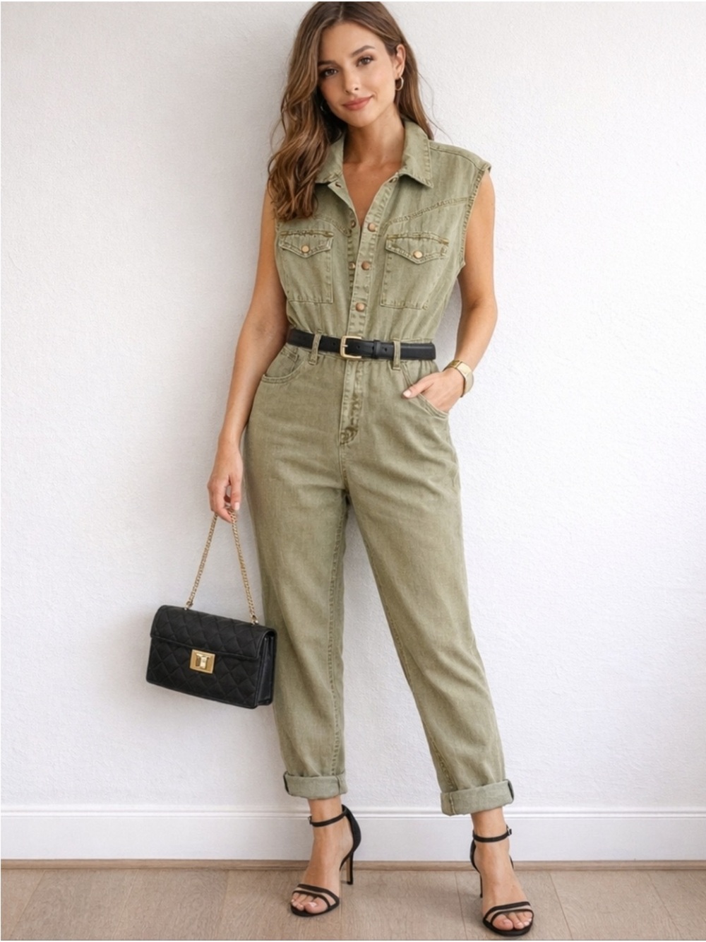 Miou  Mose Sleeveless Olive Utility Jumpsuit - Women